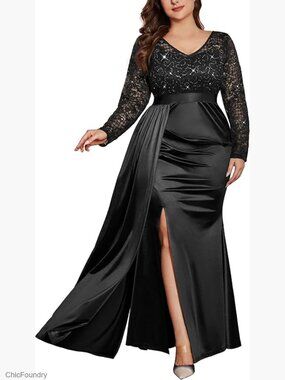 Plus Size Sequin Lace V-Neck Long Ruched Satin Mermaid Formal Dress